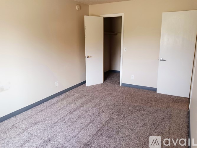 A room with a carpeted floor and two doors, one of which is open.