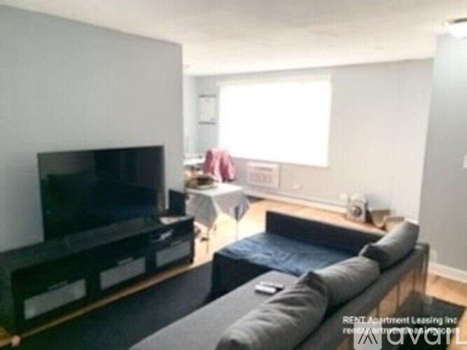 A living room with a black couch and a television.