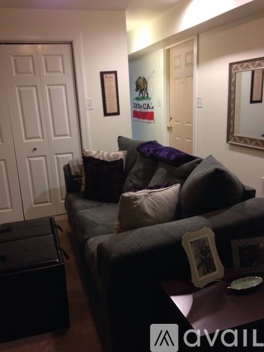 A living room with a grey couch and a white door.
