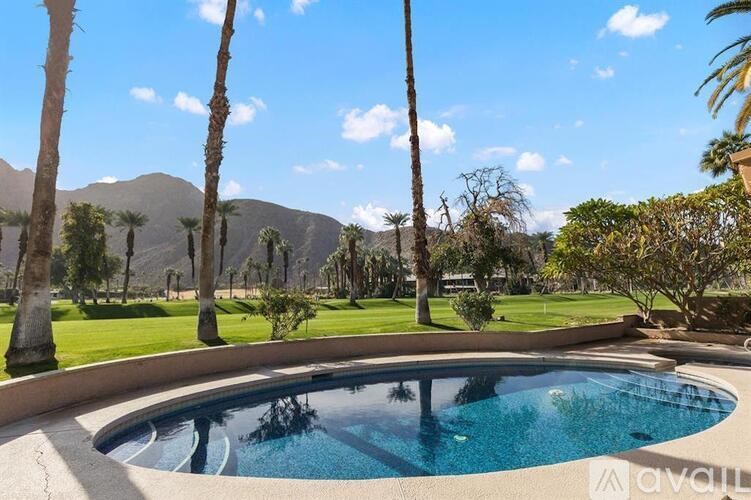 A pool surrounded by palm trees and mountains.