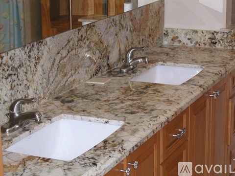 A bathroom counter with two sinks and a mirror.