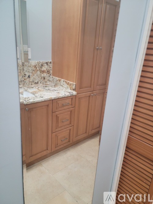 A bathroom with wooden cabinets and a marble countertop.
