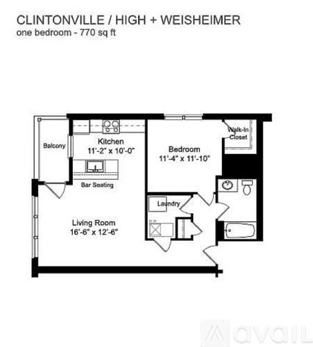 A floor plan of a one bedroom apartment sized at 770 sq ft.