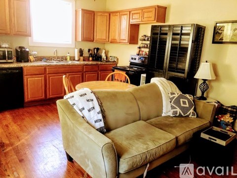 A living room with a couch and a kitchen in the background.