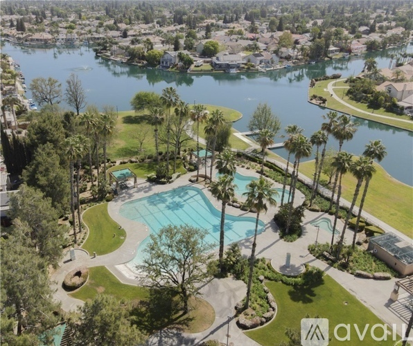 An aerial view of a swimming pool surrounded by palm trees and a residential area.