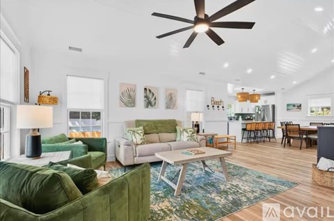 A living room with a green couch and a white couch.