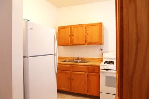 A white refrigerator is in a kitchen with wooden cabinets.