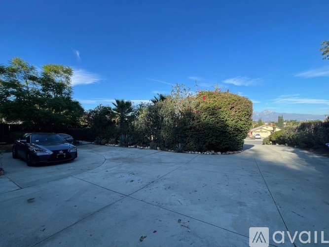 A black car is parked on a driveway with a clear blue sky above.