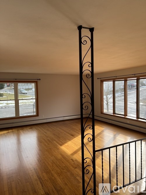 A room with a wooden floor and a tall black iron railing.