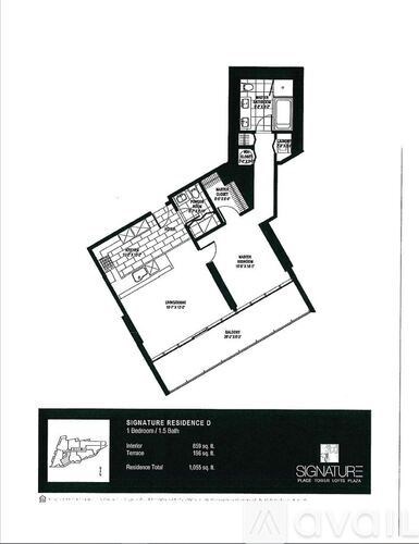 A black and white floor plan of a Signature Residence.