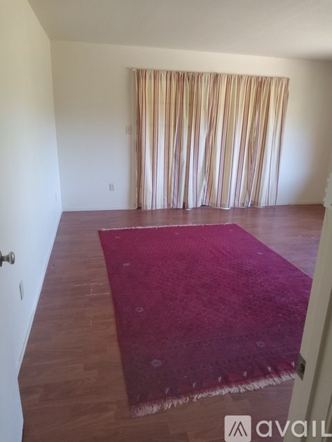 A room with a red rug and a curtain.