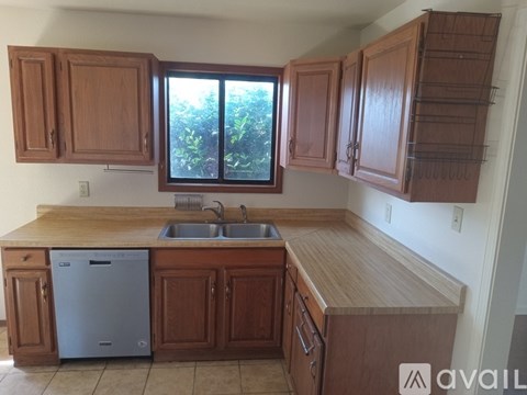 A kitchen with wooden cabinets and a dishwasher.