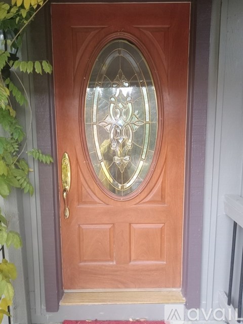 A wooden door with a glass window and a brass handle.