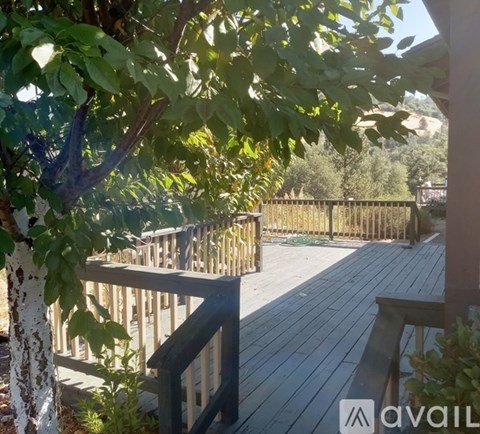 A wooden deck with a railing and trees in the background.