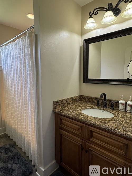 A bathroom with a sink, mirror, and shower curtain.