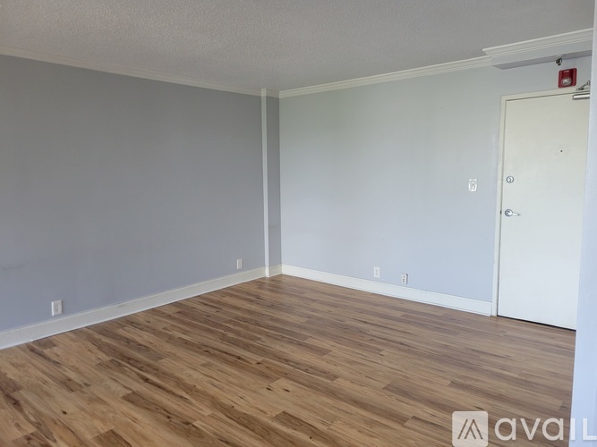 A room with wooden flooring and a white door.