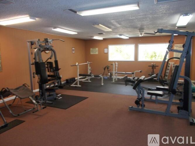 A gym with orange walls and a variety of exercise equipment.