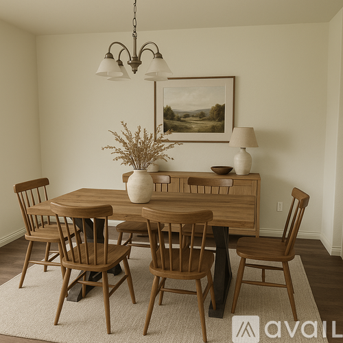 A wooden dining table with chairs and a vase of dried flowers.