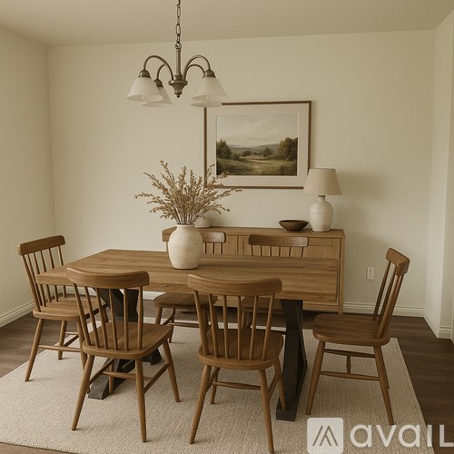 A wooden dining table with chairs and a vase of dried flowers.