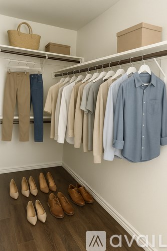 A well organized closet with clothes and shoes.