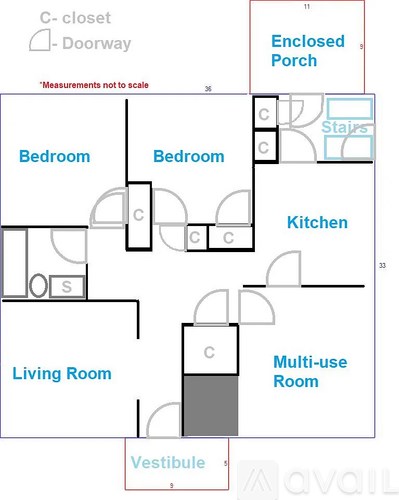 A floor plan of an apartment with two bedrooms, a living room, a kitchen, a vestibule, and an enclosed porch.