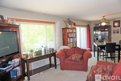 A living room with a red couch and a television.