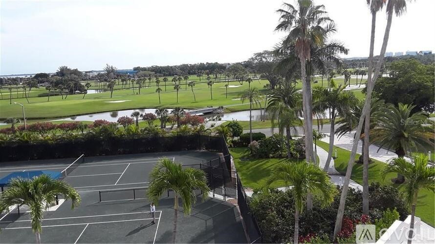 A tennis court surrounded by palm trees and a grassy field.