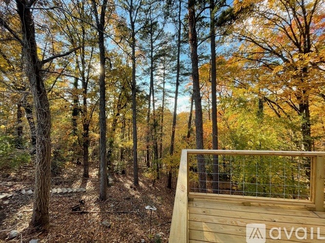 A wooden deck overlooks a forest with trees showing autumn colors.