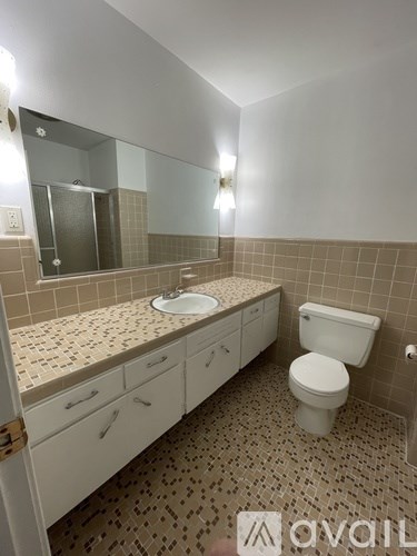 A bathroom with a toilet, sink, and mirror.