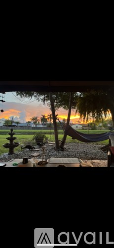 A hammock is hanging between two trees in a backyard.