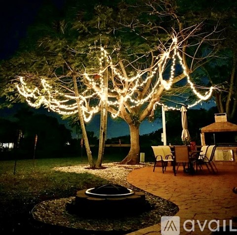 A tree with white lights wrapped around it stands in the middle of a yard.