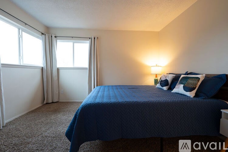 A bedroom with a bed, carpet, and a window.