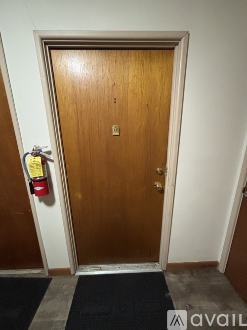 A brown door with a fire extinguisher on the wall.