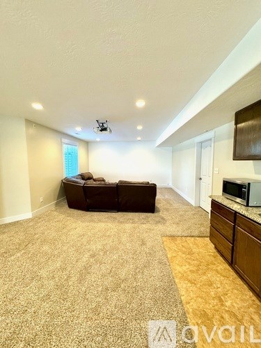 A living room with a brown couch and a carpet.