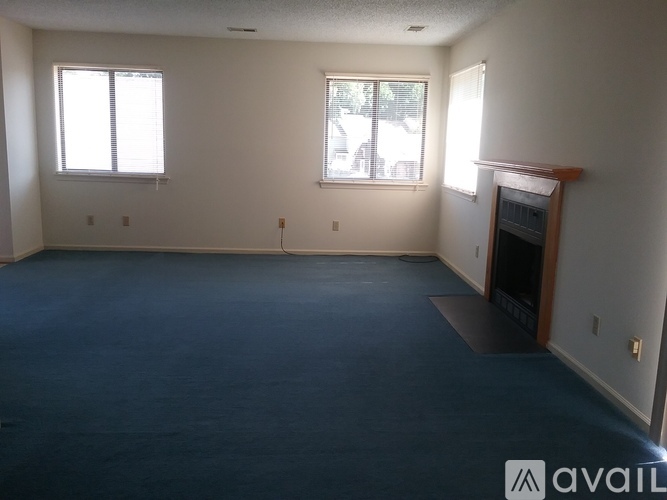 A spacious room with a fireplace and two windows.