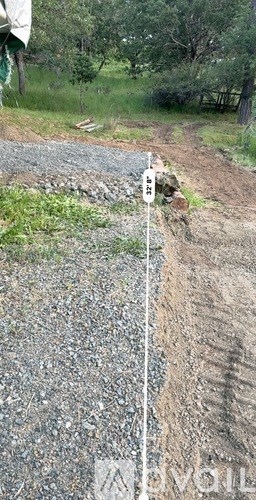 A white pole with a sign on it stands in the middle of a gravel road.