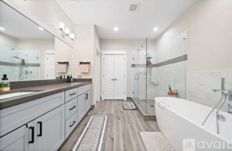 A modern bathroom with a walk-in shower and a bathtub.