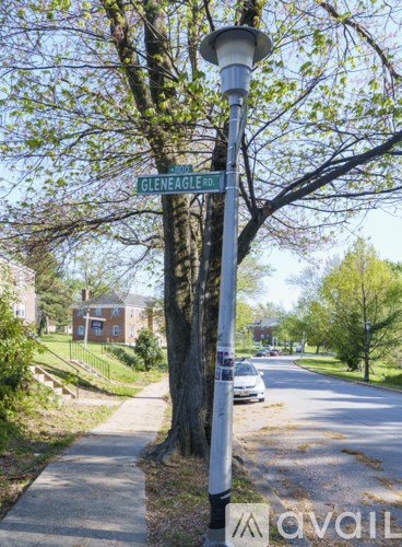 A street sign on a pole at the corner of a street.