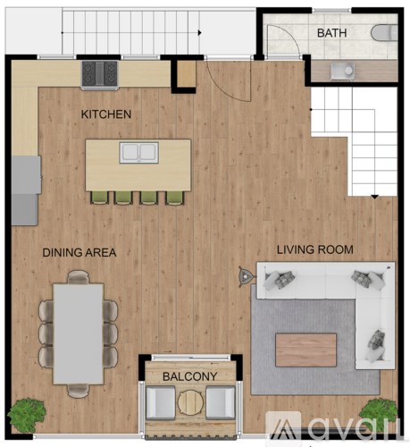 A floor plan of a house with a kitchen, dining area, living room, balcony, and bathroom.