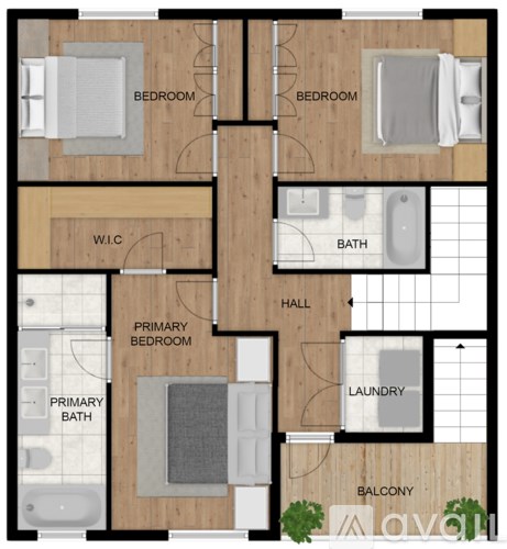 A floor plan of an apartment with two bedrooms, a laundry room, and a balcony.