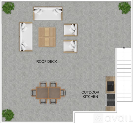 A floor plan shows a roof deck and an outdoor kitchen.