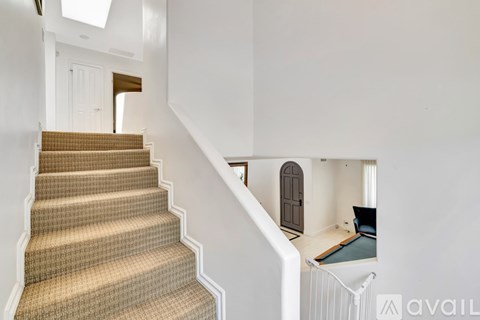 A staircase with a beige carpeted runner leads up to a white landing.