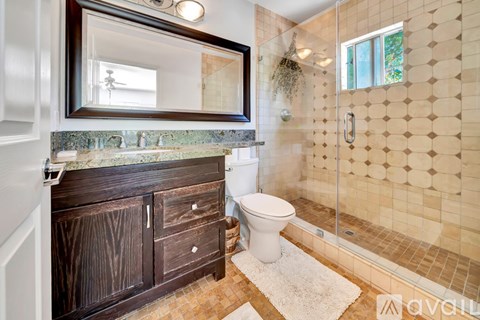 A bathroom with a toilet, a mirror, and a tiled shower.