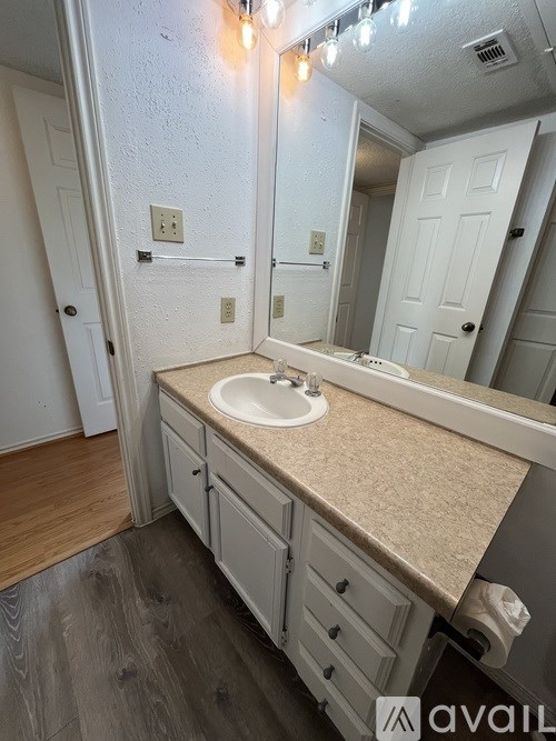 A bathroom with a sink, mirror, and wooden floors.