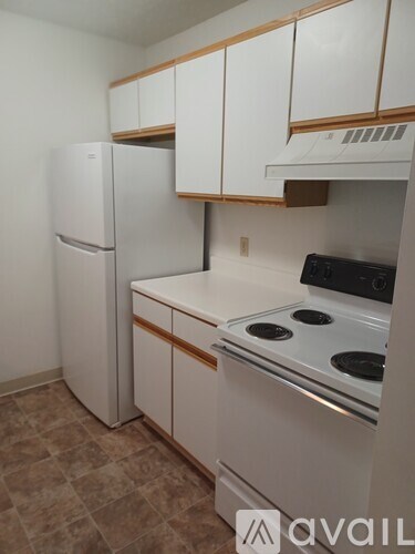 A kitchen with a white refrigerator and stove top oven.
