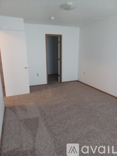A room with a carpeted floor and a doorway leading to another room.