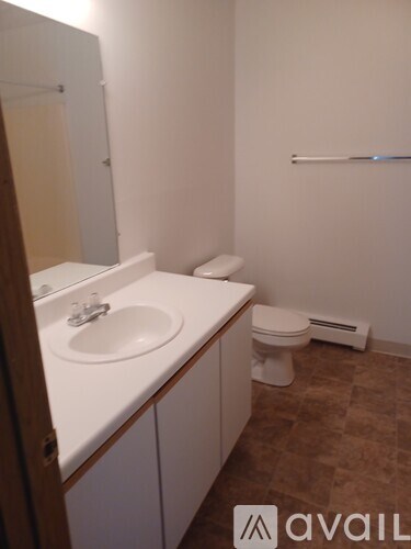 A bathroom with a toilet, sink and mirror.