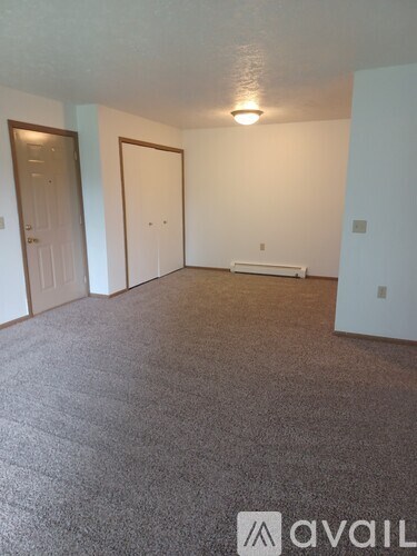 A room with carpeted floor and two doors.
