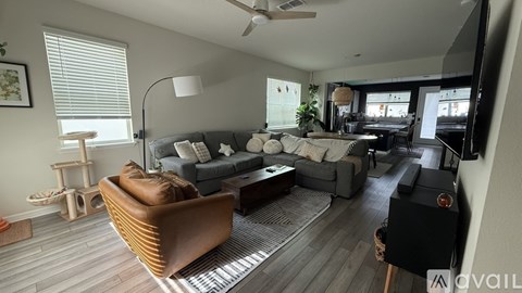 A living room with a brown wicker chair and a grey sofa.