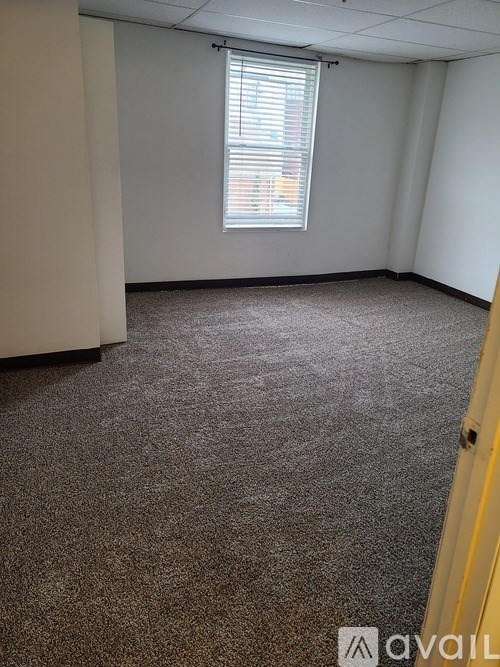 A carpeted room with a window and a door.